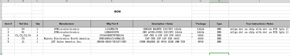 PCBWay Bom template file